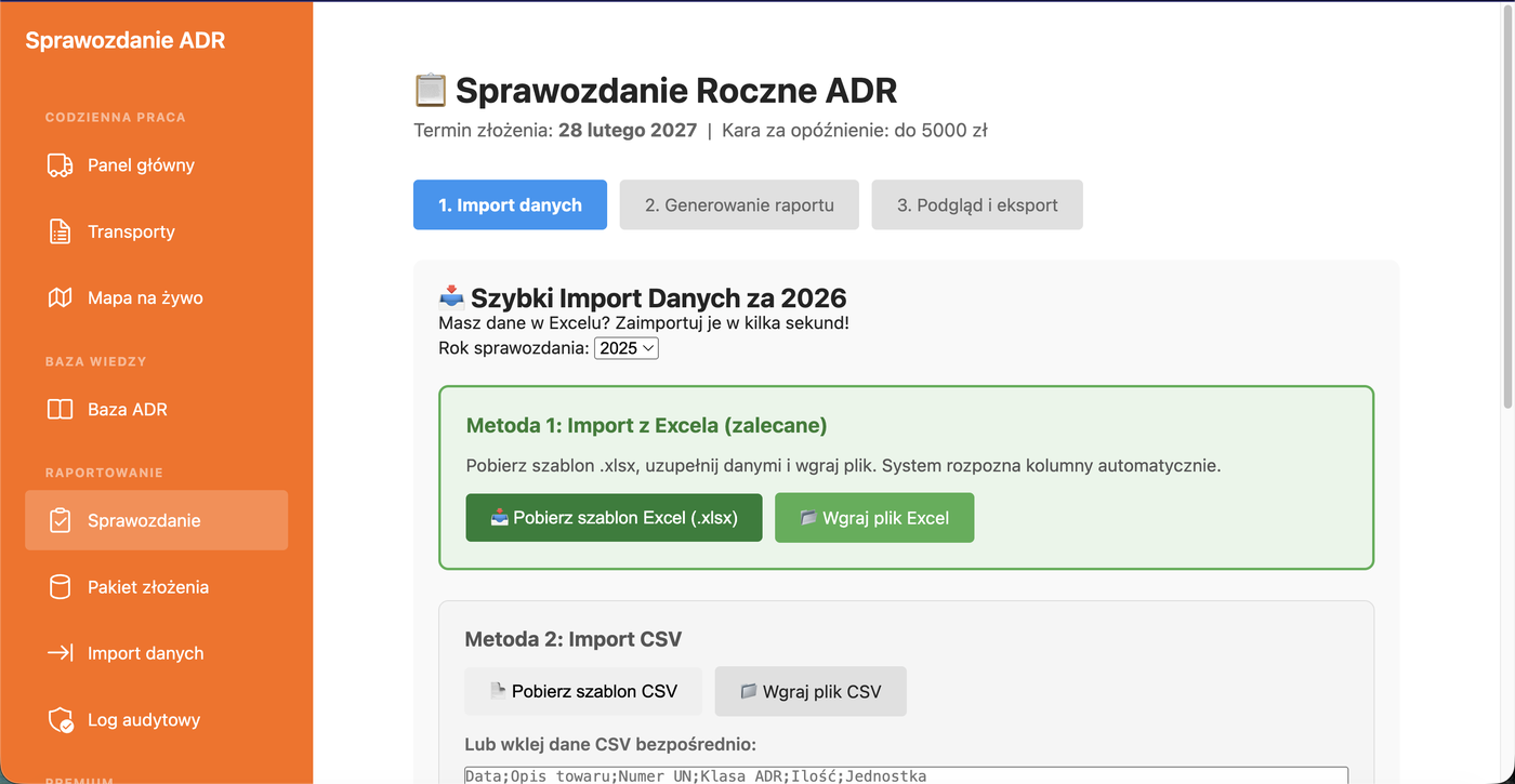Sprawozdanie Roczne ADR — import danych, generowanie raportu, eksport